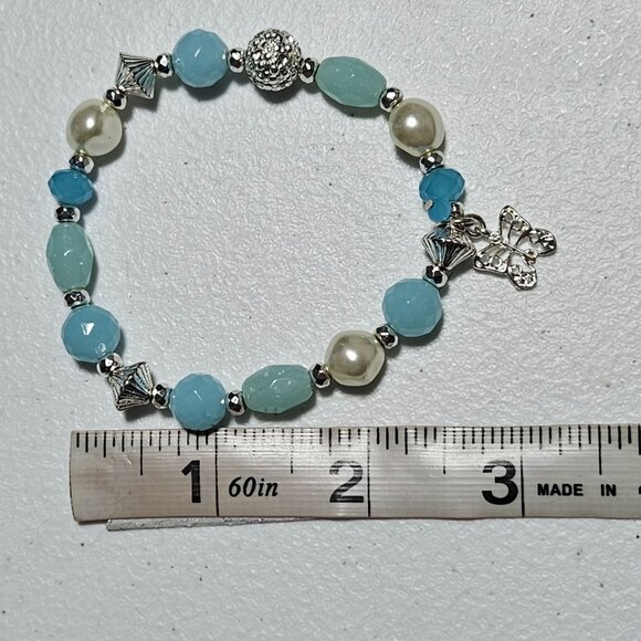 Handcrafted Boho Butterfly Charm Beaded Bracelet Stretch Aqua Beads Faux Pearls - Picture 3 of 3